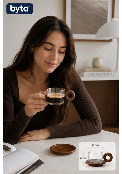 Ahşap Kulplu Cam Kahve Fincanı 150 Ml Tekli Modern Tasarım Sunum Fincanı Şeffaf