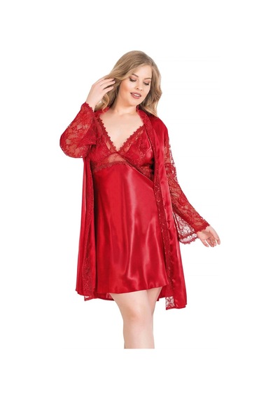 Aria's Closet Arias Closet Büyük Beden Kırmızı Kısa İkili Saten Sabahlık Gecelik Takımı Kırmızı