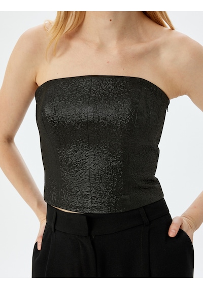 Koton Straplez Crop Parıltılı Dokulu Kolsuz Fermuarlı Bluz Siyah 5wak60015fw Siyah