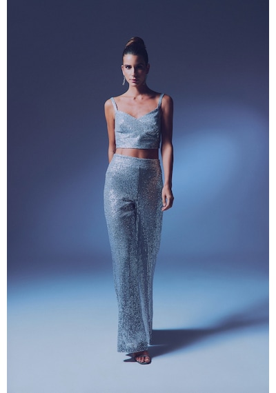 Sateen Kalın Askılı Payet Crop - Gri-135342 Gri