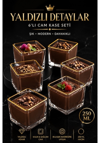 Porsima 13878-1 Vanes Prizma Gold Yaldızlı 6'lı Cam Kare Kase Seti 250 Ml Tatlı, Puding, Magnolia Ve Çerez Sunum Kasesi