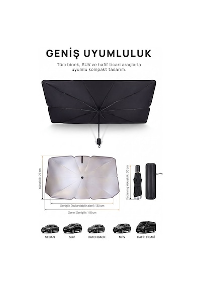 Siyah Araç Ön Cam Güneşliği Katlanabilir Şemsiye Oto Güneşlik Uv Korumalı Gölgelik Araba Oto Şemsiyesi