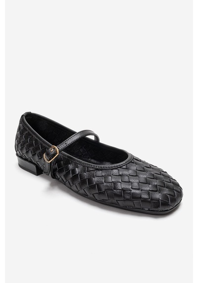 Luvishoes Yevora Siyah Örgü Hakiki Deri Bantlı Kadın Babet Ayakkabı