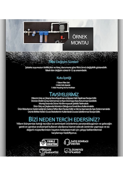 Watermelon Daire Bina Sayaç Girişi 3 Aşama Su Arıtma Sistemi  Toz Tortu Pas Kokusu Önleyici Set