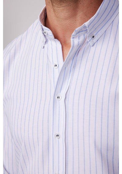 Tudors Slim Fit Uzun Kollu Çizgili Yaka Düğmeli Erkek Gömlek-28526 Çok Renkli