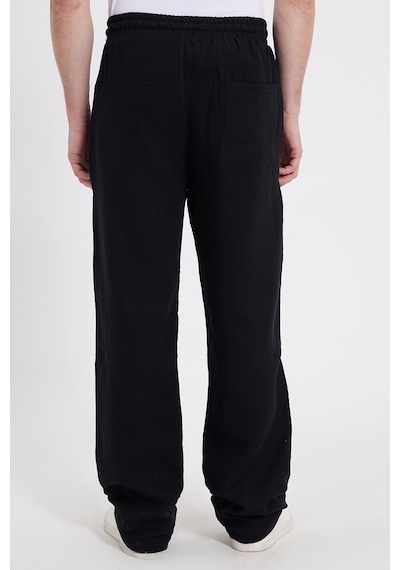 Tudors Erkek Baggy Fit Geniş Kesim %100 Pamuk Beli Lastikli Yandan Cepli Müslin Siyah Düz Pantolon-46259