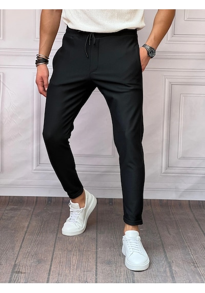Modefendi Skinny Kalıp Pamuk Likra Double Paça Jogger Pantolon Siyah