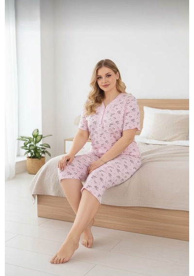 Eyfuze Kadın Büyük Beden Kısa Kollu Kapri Bambu Pijama Takımı Açık Pembe