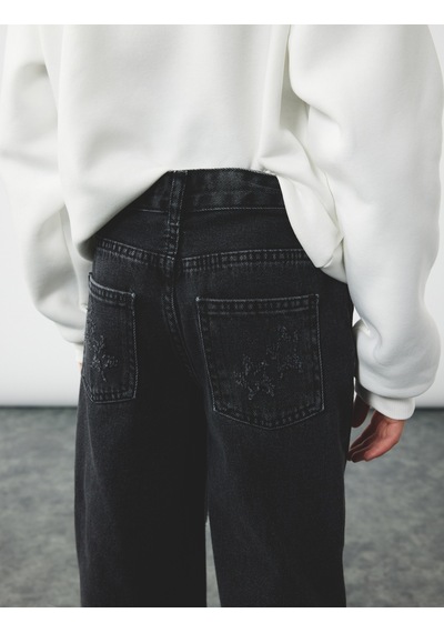 Koton Yıldız Desenli Pamuklu Denim Pantolon Siyah 7wkg40010ad