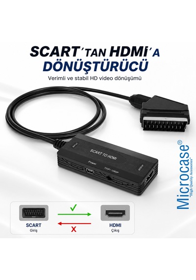 Microcase Scart Giriş Hdmı Çıkış Tak Çalıştır Dönüştürücü Full Hd Görüntü Adaptörü Al5764 Siyah