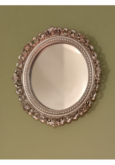 Dantel Kabartmalı Yuvarlak Duvar Aynası Eskitme Gümüş / Şampanya 28 Cm Naturel