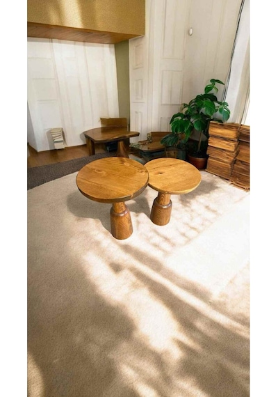 Doğal Ahşap 2 Li Yan Sehpa Seti Masif Tik Renk Zigon Fiskos - Çiiçeklik - Coffee Table Tik Ağacı