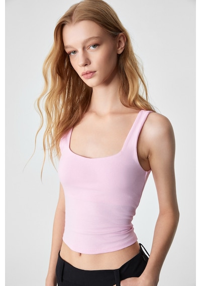 Grimelange Sanukı Kadın Slim Kısa Oyuk Yaka Pembe Bluz