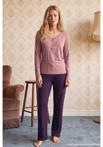Siyah İnci Pudra Desenli Düğmeli Dantelli Viskon Örme Pijama Takım 26224682
