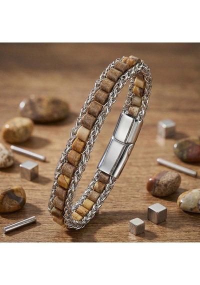 Moncuk Design Odun Jasper Doğal Taşlı Hasır Örgü Zincirli Erkek Çelik Bileklik 33512b28d3 Çok Renkli