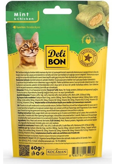 Delibon Crunchy İçi Dolgulu Bisküvi Tavuklu ve Naneli Kedi Ödülü 60 G
