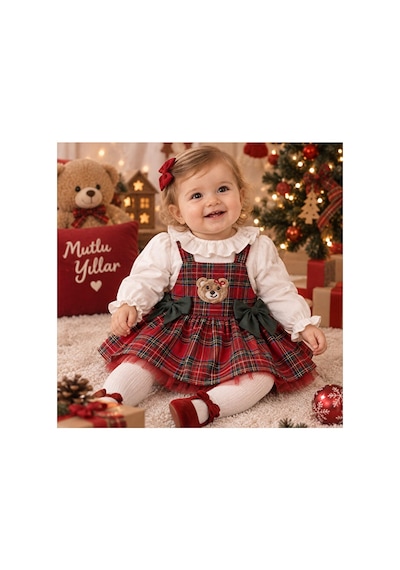 Ministok Tedy Bear Nakış Detaylı Ekose Desenli Kız Bebek Blüzlü Salopet Ta Kırmızı