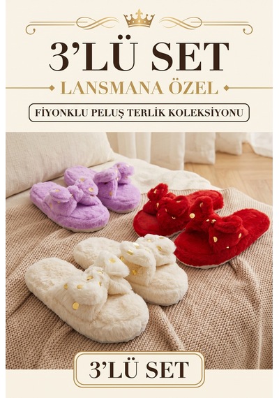 3 Lü Avantajlı Paket Kışlık Peluş Desenli Sessiz Ortopedik Taban Çeyiz Misafir Ev Terliği Seti 3'lü Yıldız Terlik