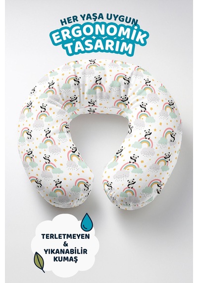 Panda Yağmur Bulutlu Boyun Yastığı - Sevimli Gökkuşağı Pastel Renkli Seyahat Yastığı Mat Gece Açık Hardal