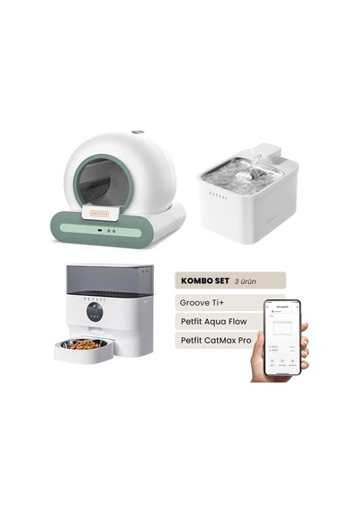 Groove Ti+ Akıllı Otomatik Kedi Tuvaleti Yeşil - Petfit Aqua Flow Akıllı Bataryalı Su Pınarı Çeşmesi + Petfit Catmax Pro Akıllı Otomatik Mama Kabı Bundle