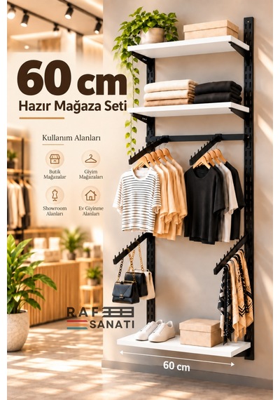 60 Cm 3 Raflı Hazır Mağaza Seti Konik Dikmeli Eğik Askılı Duvar Raf Sistemi Beyaz