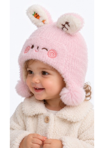 Kız Bebek Tavşan Modelli Kulaklı Ponponlu İçi Astarlı Pembe Renk 6 Ay - 3 Yaş Soft Bere
