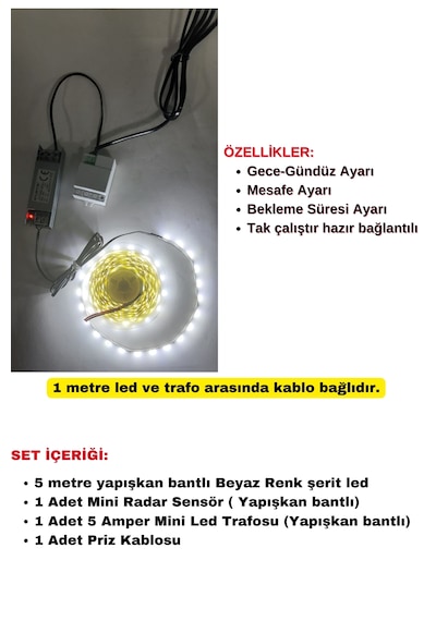 Mutfak Dolabı Radar Gizli Sensörlü Şerit Led Set / Beyaz