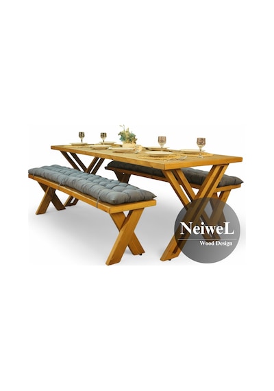 Neiwel Ken Doğal Ahşap Banklı Yemek Masası Takımı-80-260 Takım Açık Ceviz