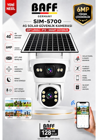 SIM-5700 6MP 4G SIM Kartlı Solar Güvenlik Kamerası Çift Lens PTZ Renkli Gece Görüşlü Dış Mekan + 128GB Hafıza Kartı Dahil