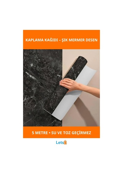Siyah Mermer Desenli Su Geçirmez Yapışkanlı Kaplama Kağıdı 5 Metre 60 Cm Çok Renkli