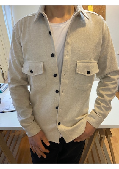 Kırık Beyaz Erkek Slim Fit Düğmeli Yaka Çift Cepli Düz Oduncu Gömlek Beyaz
