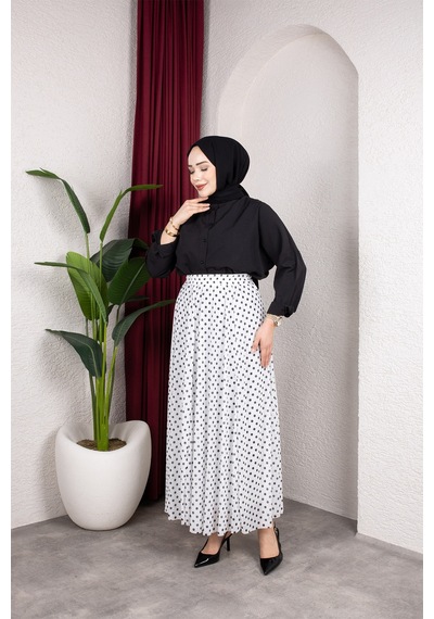 Hira Life Fashion Kadın Astarlı Puantiye Desenli Tül Etek Beyaz-siyah Beyaz-siyah