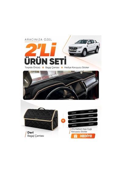 E-biz Ford Ranger 2018-2019 Uyumlu Torpido Örtüsü + Deri Bagaj Çantası Seti - Siyah-bej - Fo015
