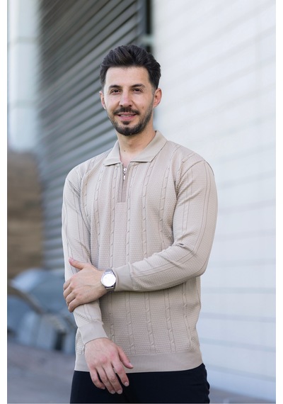 Hk Premium Triko Kazak Polo Yaka Fermuarlı Slim Fit Bej