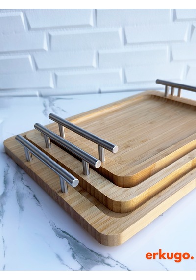 Küçük Boy Bambu Tepsi, Metal Kulplu Tepsi, Kulplu Tepsi, Servis Tepsisi 28 X 20 Cm Kahverengi