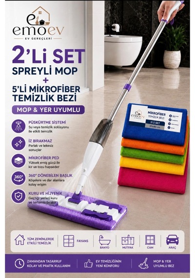 2'li Temizlik Seti - 360 Döner Başlıklı Püskürtmeli Spreyli Mop Paspas + 5'li Mikrofiber Temizlik Bezi 30x40 Cm
