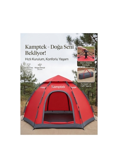 Kamptek 6 Kişilik Su Geçirmez Otomatik Kamp Çadırı - Çift Kapılı Taşıma Çantalı Kırmızı