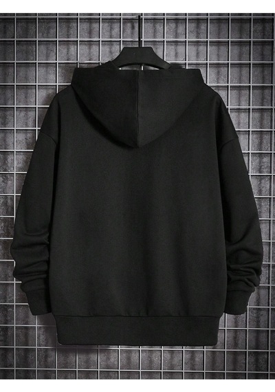 Unisex Siyah Renkli Kulaklık Baskılı Siyah Kapüşonlu Oversize Sweatshirt Siyah