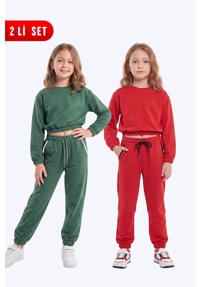 Panios Kids 2'li Yuvarlak Yakalı Beli Lastikli Crop Kesim 4 Parça Kız Çocuk Alt Üst Eşofman Takımı Haki-kırmızı