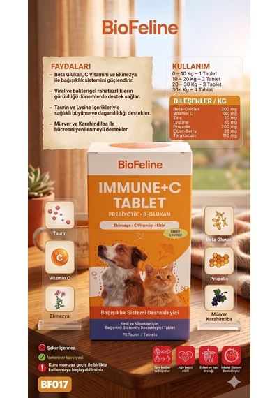 Biofeline Immune-c Kedi Bağışıklık Güçlendirici Tablet - C Vitamini & Çinko