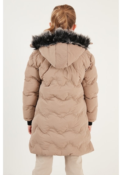 Lela Peluş Astarlı Yakası Suni Kürklü Çıkarılabilir Kapüşonlu Kışlık Kız Çocuk Mont 5761905 Vizon