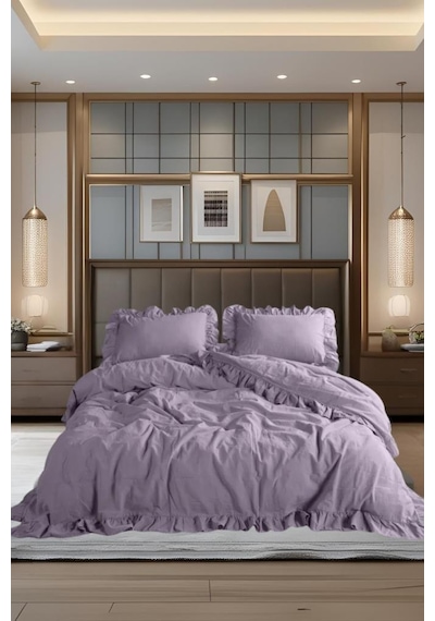 Fırfırlı Stonewash Cotton Nevresim Takımı 200x220 Lila