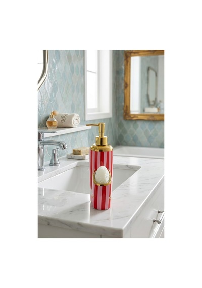 Kuş Motifli Gold Detaylı Çizgili Porselen Sıvı Sabunluk + Bulaşık Süngeri + Süngerlik Seti 500 Ml 20 X 15 X 7 Cm Kırmızı - Pembe - Gold