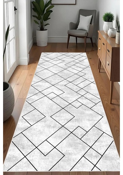 Dijital Baskılı Dekoratif Kaymaz Taban Yıkanabilir Geometrik Yolluk Antre Hol Halısı Salon Halısı Gri