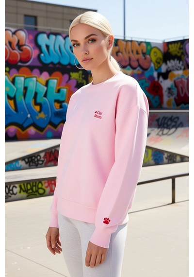 Benerly Kadın Bisiklet Yaka Düşük Kol Nakışlı Örme Sweatshirt Fonksiyonel Açık Pembe