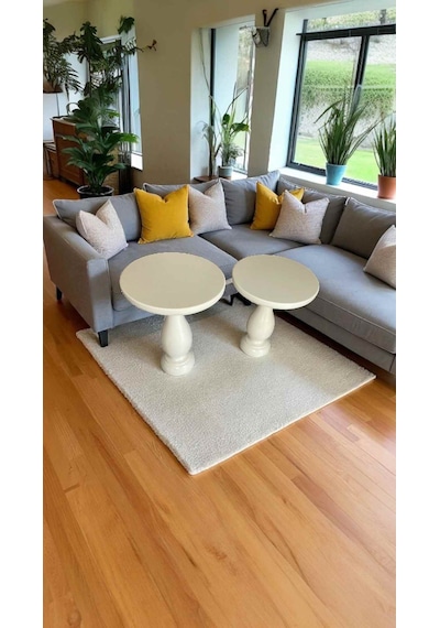 Krem Ahşap Mantar Sehpa 2 Li Set Minimalist Yan Sehpa Takımı