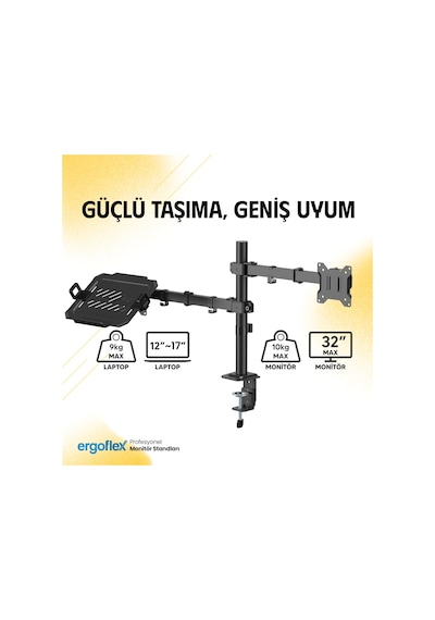 Ergoflex A74l Amortisörlü 17-27 Monitör Tutucu Ve 10-17 Laptop Standı