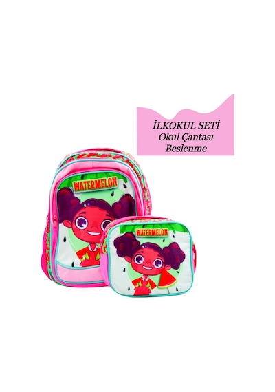 3 Bölmeli İlkokul Okul Sırt Çantası Ve Beslenme Çantası Watermelon Pembe Pembe