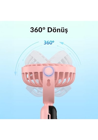 K70 Taşınabilir Şarjlı El Vantilatörü 2400mah 360 Döner Başlıklı Ve Standlı Dijital Ekranlı Soğutucu Fan Pembe
