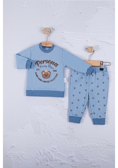 Babydonat Persona Bear Nakışlı Pamuk 2'li Erkek Bebek Takım Mavi